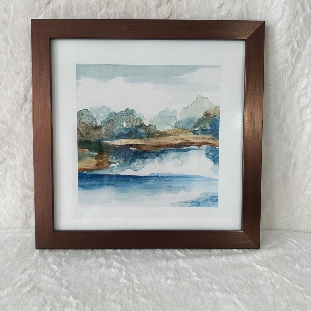 Framed Watercolor Landscape Print - Blue Serenity  15x15- Serene Nature Scene
